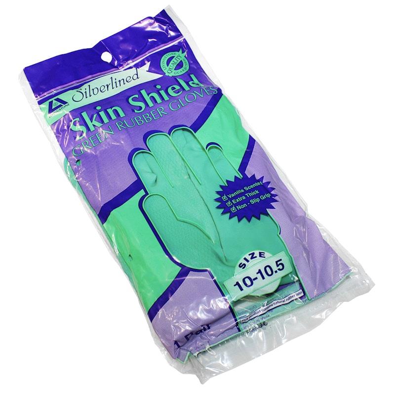 Load image into Gallery viewer, Skin Shield Silver Lined Natural Rubber Gloves Vanilla Scented Pair Green Size 10-10.5
