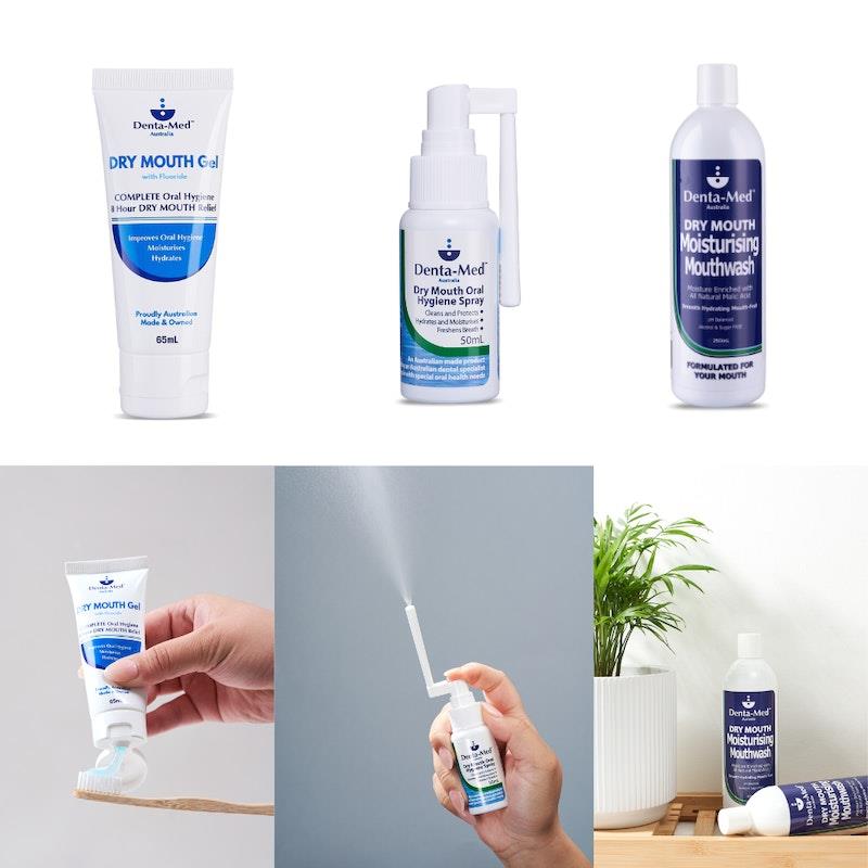 Load image into Gallery viewer, Denta-Med Dry Mouth Gel 65mL Tube, Dry Mouth Oral Hygiene Spray 50mL &amp; Moisturising Mouthwash 250mL Bottle Bundle
