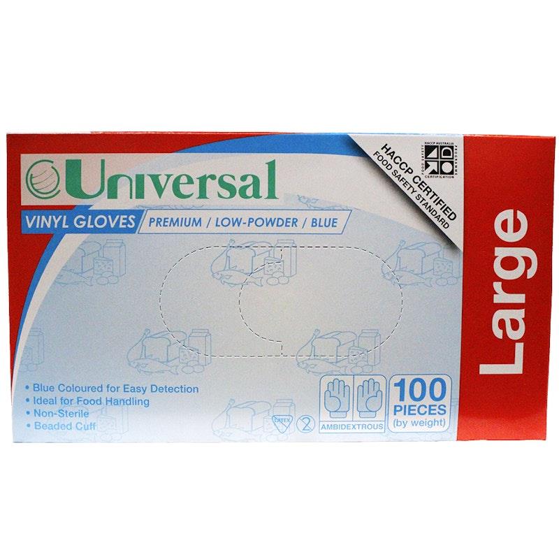 Load image into Gallery viewer, Universal Vinyl Gloves Low Powder Blue Large 100 Pieces/Box
