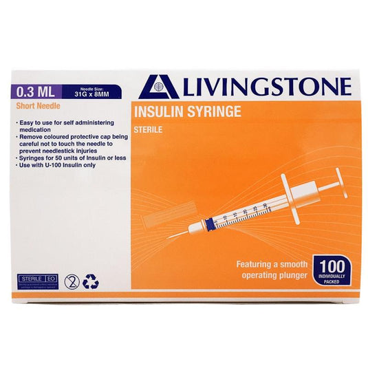 Livingstone Insulin Syringes 0.3mL White Plunger with Needle 31 Gauge Sterile 100 Pieces/Box