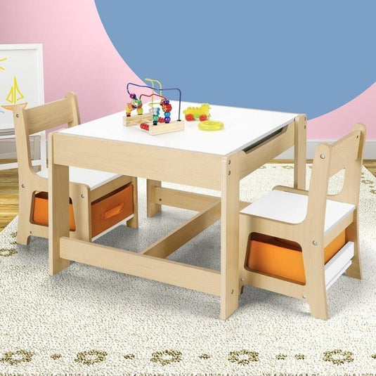 Oikiture Kids Table and Chairs Set Activity Play Study Desk Toys Storage Box Natural