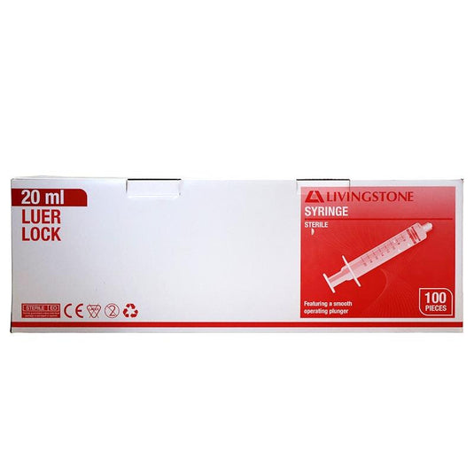Livingstone Syringe Luer Lock Tip Red Plunger Sterile 20mL 100 Pieces/Box