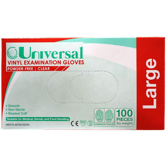 Universal Vinyl Examination Gloves ASTM Powder Free Large 100 Pieces/Box