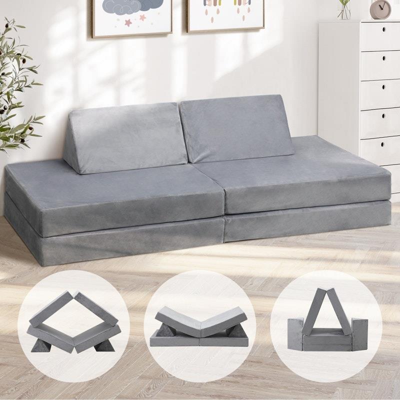 Load image into Gallery viewer, Oikiture 4 Pieces Kids Sofa Play Couch Modular Lounge Cushion Convertible Playset Grey
