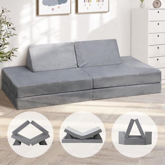 Oikiture 4 Pieces Kids Sofa Play Couch Modular Lounge Cushion Convertible Playset Grey