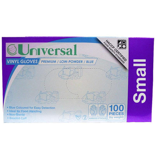 Universal Vinyl Gloves Low Powder Blue Small 100 Pieces/Box