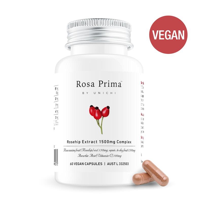 Load image into Gallery viewer, Unichi Rosa Prima Rosehip Extract 1500mg Complex 60 Vegan Capsules x2 Pack
