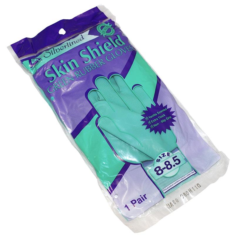 Load image into Gallery viewer, Skin Shield Silver Lined Natural Rubber Gloves Vanilla Scented Pair Green Size 8-8.5
