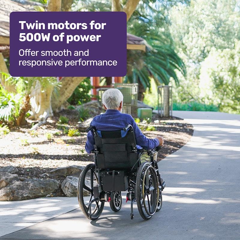 Load image into Gallery viewer, Equipmed Electric Wheelchair Folding, Long Range, 24" Light Rear Wheels Black &amp; Blue
