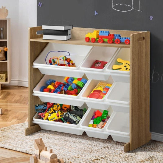 Oikiture 9 Bins Kids Toy Box Bookshelf Organiser Display Shelf Storage Rack Natural