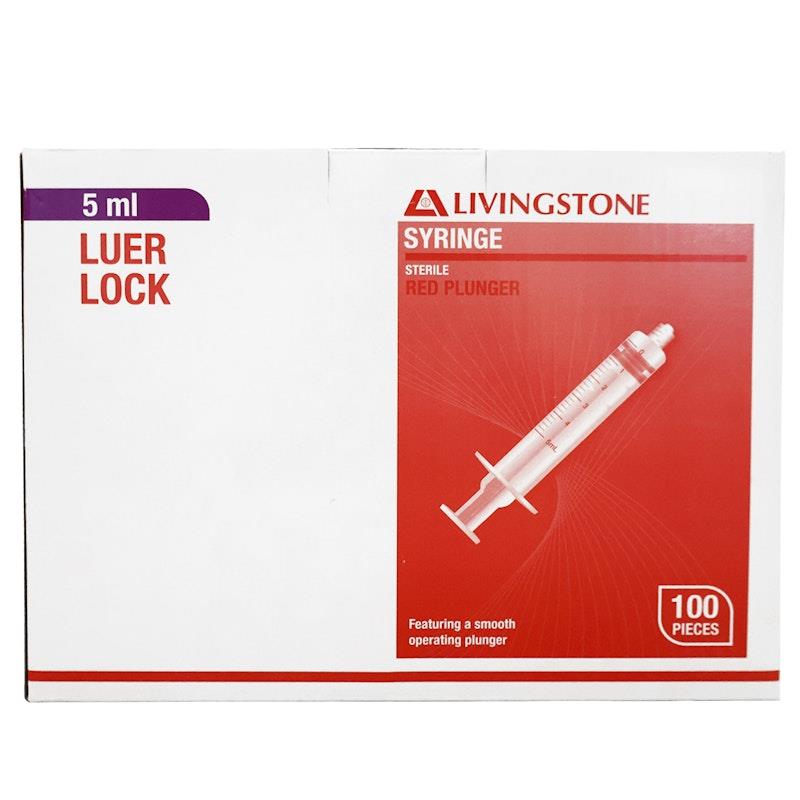 Load image into Gallery viewer, Livingstone Syringe Luer Lock Tip Red Plunger Sterile 5ml 100 Pieces/Box
