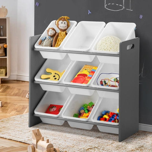 Oikiture Kids Storage 9 Bins Display Shelf Storage Rack White & Grey