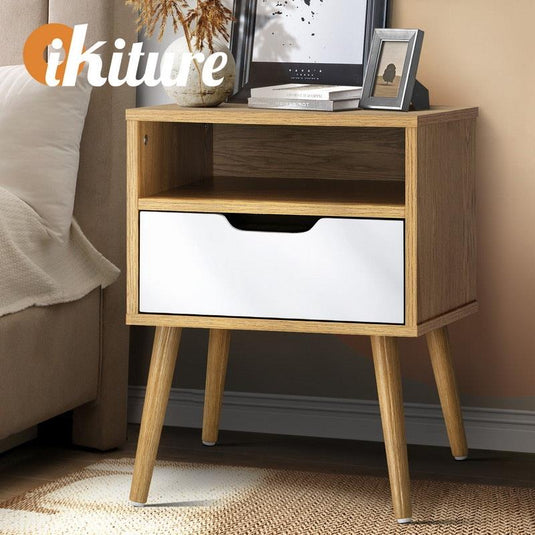 Oikiture Bedside Table Drawers Side Tables Nightstand Trendy Furniture Cabinet Natural & White