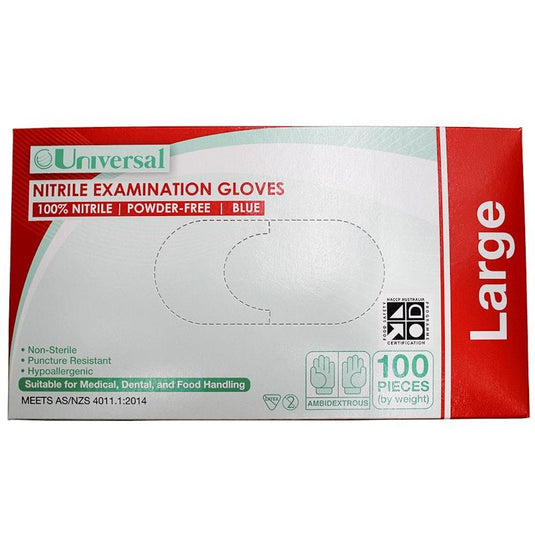 Universal Choice Nitrile Examination Gloves AS NZ Powder Free Large 100 Pieces/Box