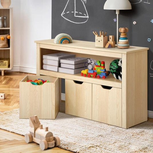 Oikiture Kids Toy Storage Cabinet Bookshelf With Portable Storage Box Natural