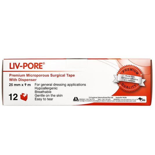 Livingstone Liv-Pore Premium Microporous Surgical Paper Tape With Dispenser 25mm x 9m 12 Pieces/Box