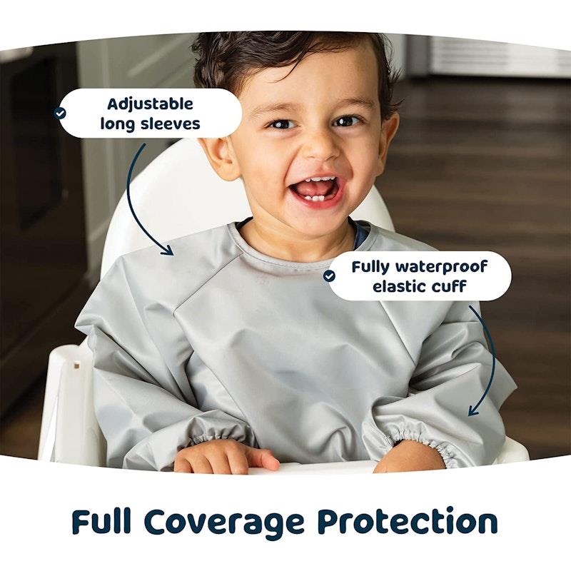 Load image into Gallery viewer, Tiny Twinkle Mess-proof Full Long Sleeve Bib 2 Pack Grey &amp; Dark Blue Large (2-4Y)
