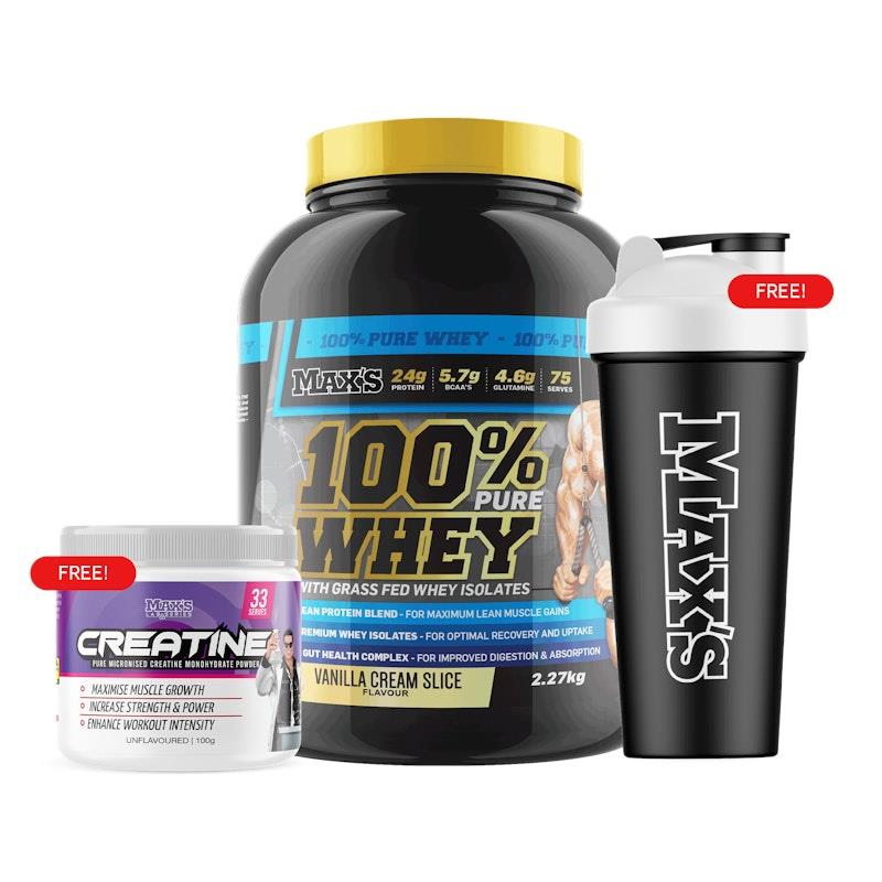 Load image into Gallery viewer, MAX'S 100% Whey Value Bundle 2.27kg - Vanilla Cream Slice Bundle
