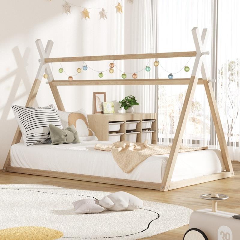 Load image into Gallery viewer, Oikiture Kids Bed Frame Wooden Timber King Single Teepee House Frame Beds 1unit
