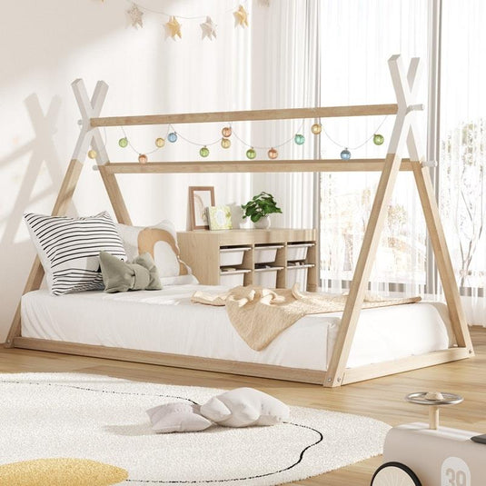 Oikiture Kids Bed Frame Wooden Timber King Single Teepee House Frame Beds 1unit