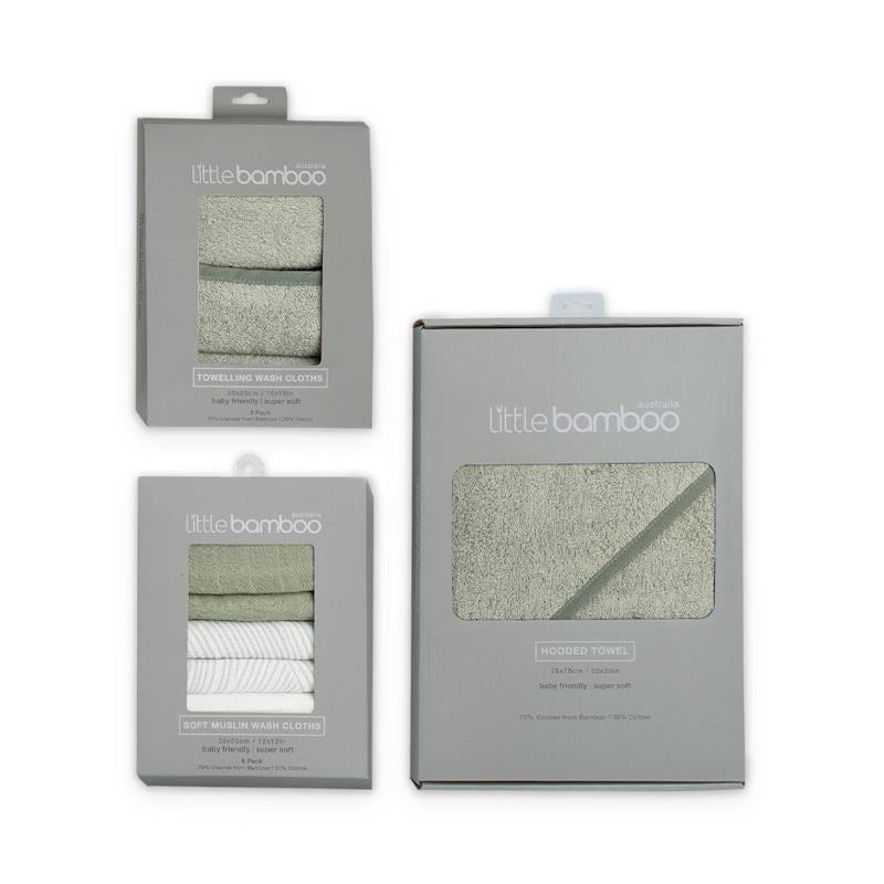 Load image into Gallery viewer, Little Bamboo Hooded Towel &amp; Washers - Bayleaf Set
