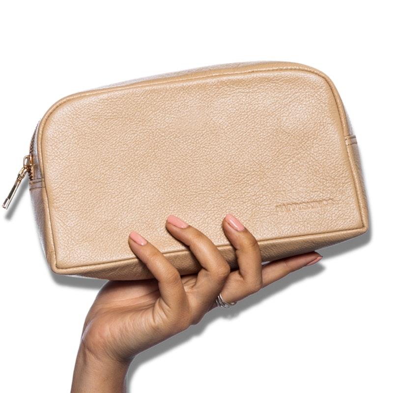 Load image into Gallery viewer, Happy Skin Co Leather Cosmetic Beauty Bag Tan

