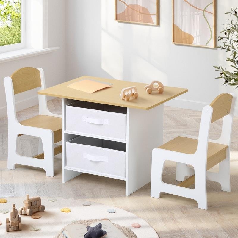 Load image into Gallery viewer, Oikiture Kids Table and Chairs Set Wooden Play Study Desk with Toy Storage Box White &amp; Wooden
