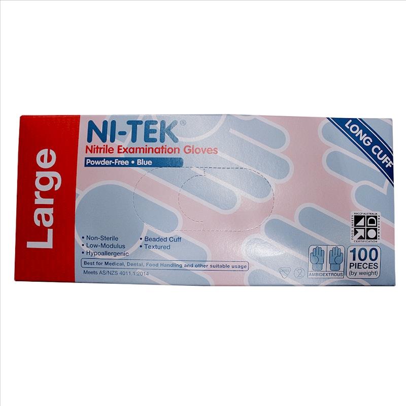 Load image into Gallery viewer, NI-TEK Nitrile Examination Gloves Long Cuff AS NZ Powder Free Large 100 Pieces/Box
