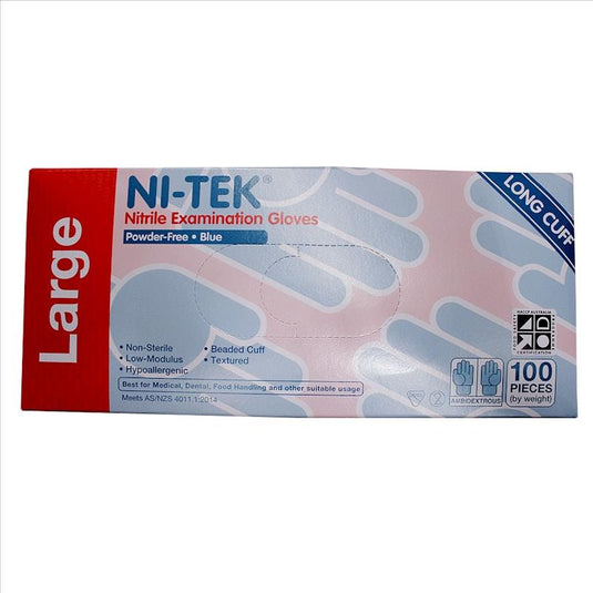 NI-TEK Nitrile Examination Gloves Long Cuff AS NZ Powder Free Large 100 Pieces/Box