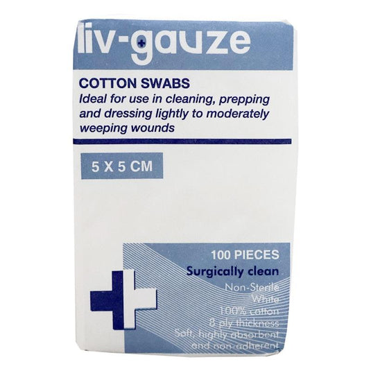 Livingstone Gauze Swabs 8 Ply Cotton Non-Sterile 5x5cm 100 Pieces/Box