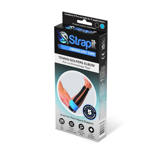 Strapit Tennis Elbow or Golfers Elbow Precut Kinesiology Tape - BLACK/BLUE - Box of 5 2 Pack