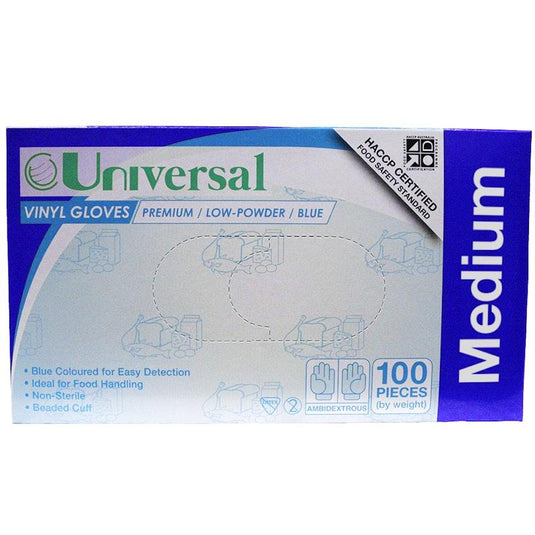 Universal Vinyl Gloves Low Powder Blue Medium 100 Pieces/Box