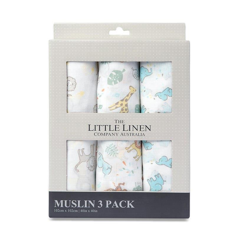 Load image into Gallery viewer, The Little Linen Company Muslin Swaddle 3Pk Prints - Safari Bear
