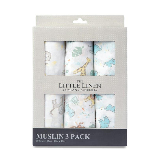 The Little Linen Company Muslin Swaddle 3Pk Prints - Safari Bear
