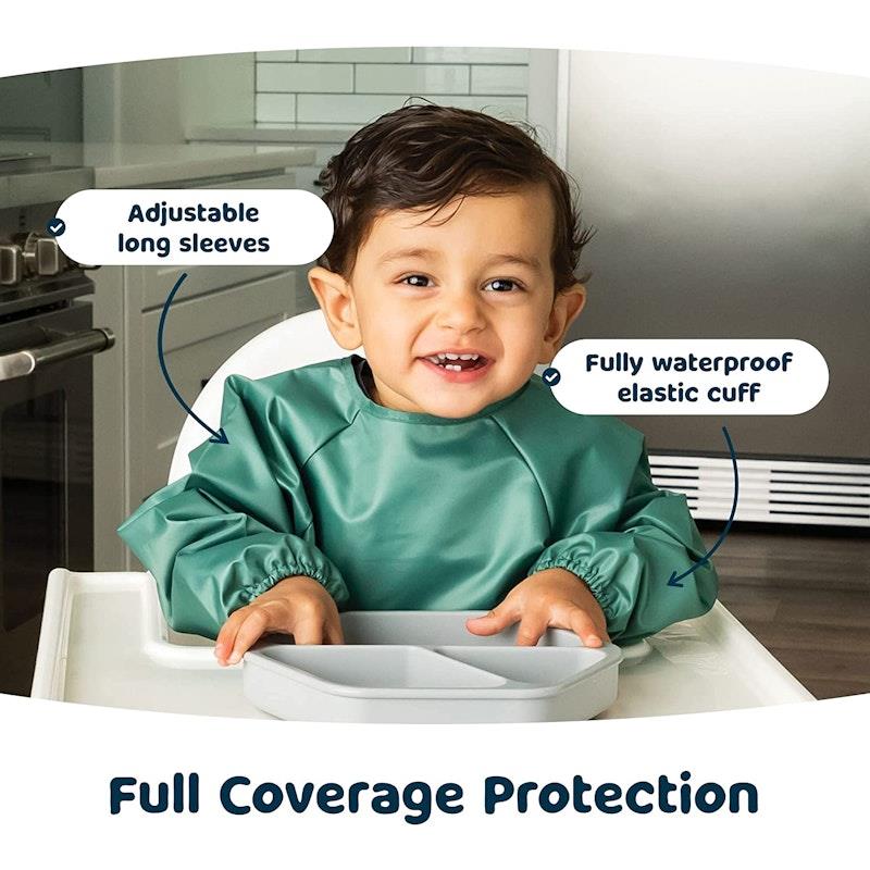 Load image into Gallery viewer, Tiny Twinkle Mess-proof Full Long Sleeve Bib 2 Pack Slate &amp; Olive Small (6-24M)
