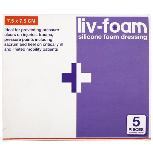 Livingstone Liv-Foam Silicone Foam Dressing with Adhesive Border Self Adherent 7.5 x 7.5cm 5 Pieces/Box
