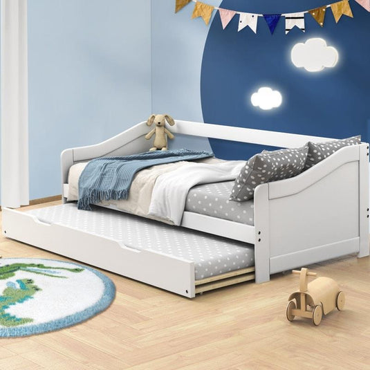 Oikiture Trundle Bed Frame Daybed Single Size Base Timber Wooden Single Beds x2 White