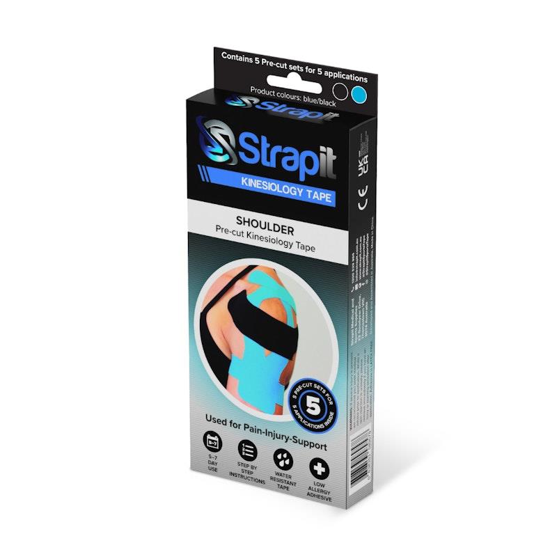 Load image into Gallery viewer, Strapit Shoulder Precut Kinesiology Tape - BLACK/BLUE - Box of 5 2 Pack
