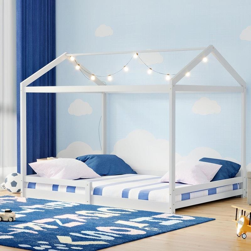 Load image into Gallery viewer, Oikiture Kids Wooden Bed Frame Timber House Beds Base with Fence Double White
