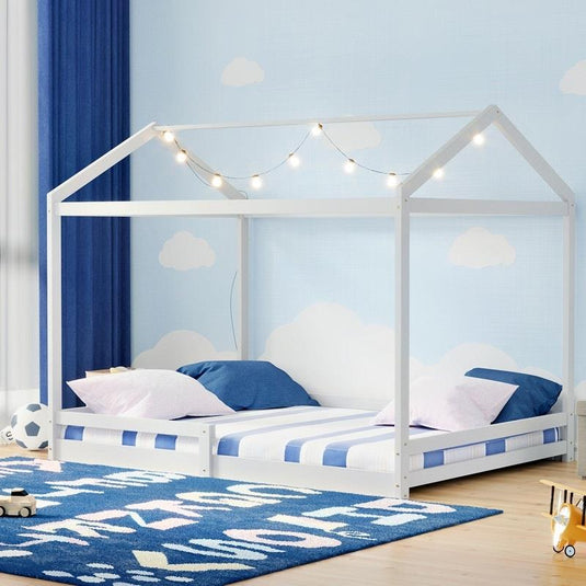 Oikiture Kids Wooden Bed Frame Timber House Beds Base with Fence Double White