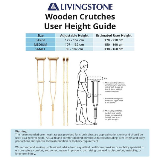 Livingstone Underarm Crutches Medium Wood Adjustable 107-132cm 1Pair