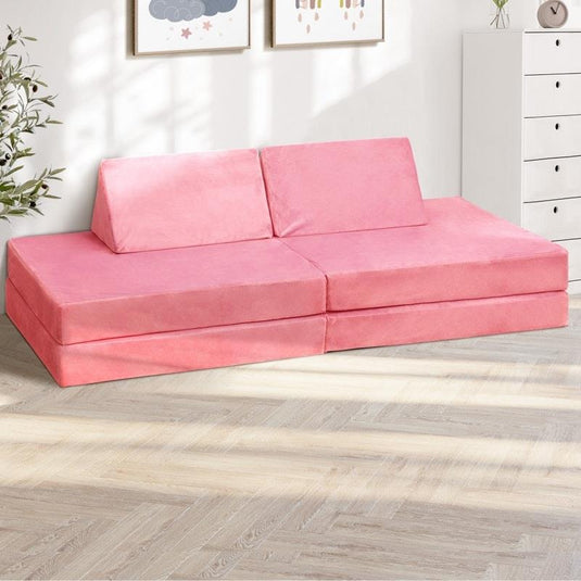 Oikiture 4 Pieces Kids Play Couch Modular Lounge Cushion Convertible Playset Pink