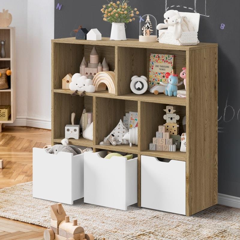 Load image into Gallery viewer, Oikiture Kids Bookcase Toy Organiser Cabinet With Removable Box Storage Natural &amp; White
