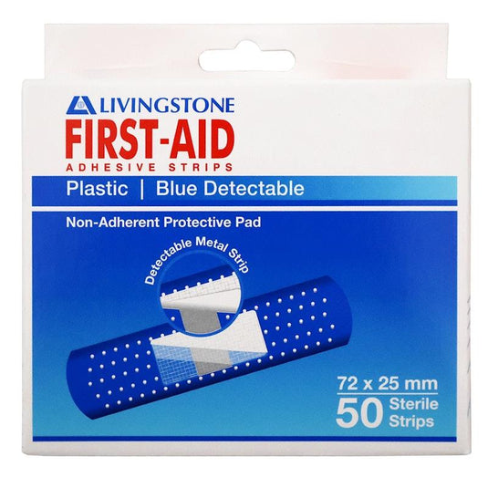 Livingstone Metal Detectable Blue Adhesive Strips with Pad Waterproof 72 x 25mm 50 Pieces/Box