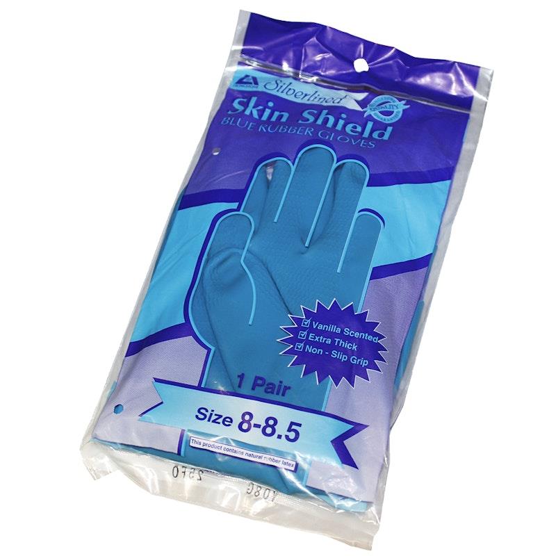 Load image into Gallery viewer, Skin Shield Silver Lined Natural Rubber Gloves Vanilla Scented Pair Blue Size 8-8.5
