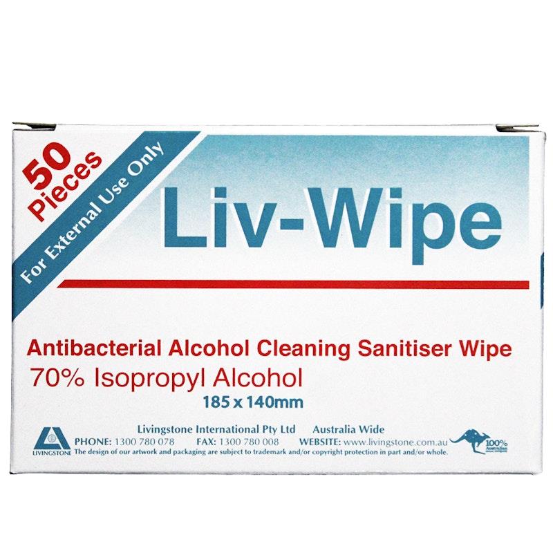 Load image into Gallery viewer, Liv-Wipe Antibacterial 70% Alcohol Cleaning Wipe 18.5 x 14cm 50 Pieces/Box
