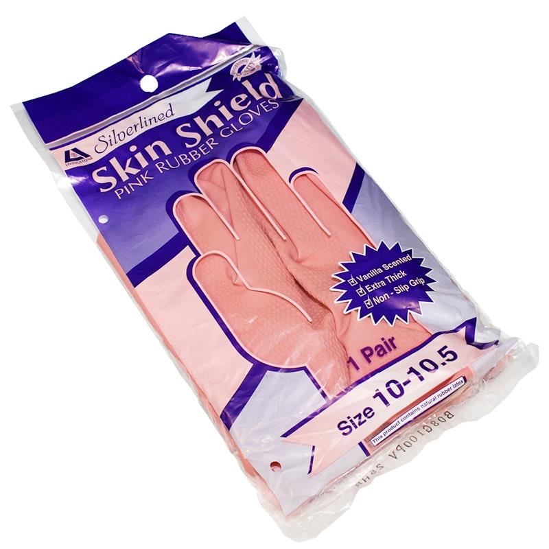 Load image into Gallery viewer, Skin Shield Silver Lined Natural Rubber Gloves Vanilla Scented Pair Pink Size 10-10.5
