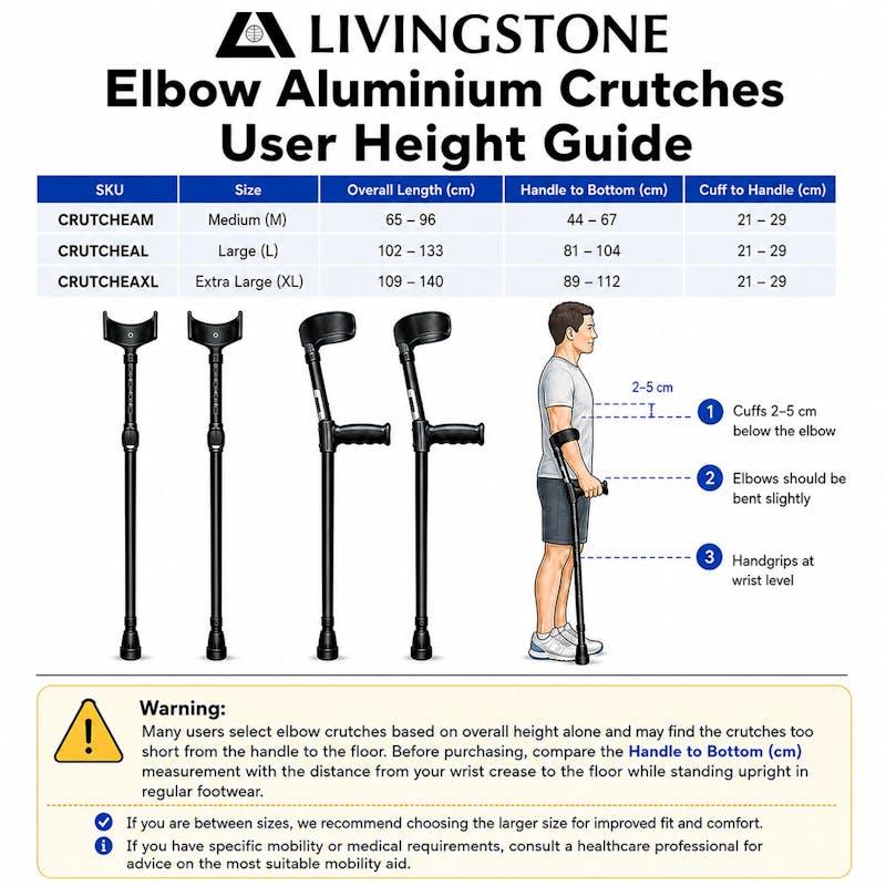Load image into Gallery viewer, Livingstone Elbow Crutches Large Aluminium Adjustable 82-133cm 1Pair
