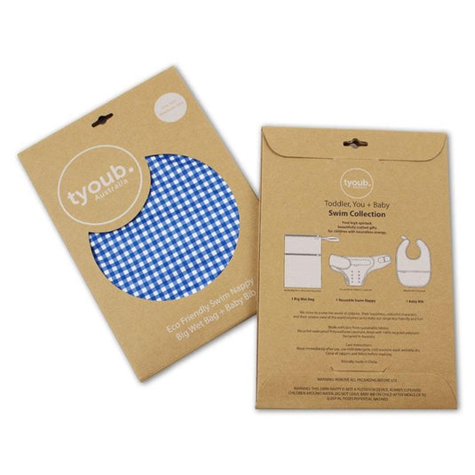 tyoub On The Go - Gift Set, Reusable Swim Nappy, Wet Bag and Baby Bib - Blue Check One Size