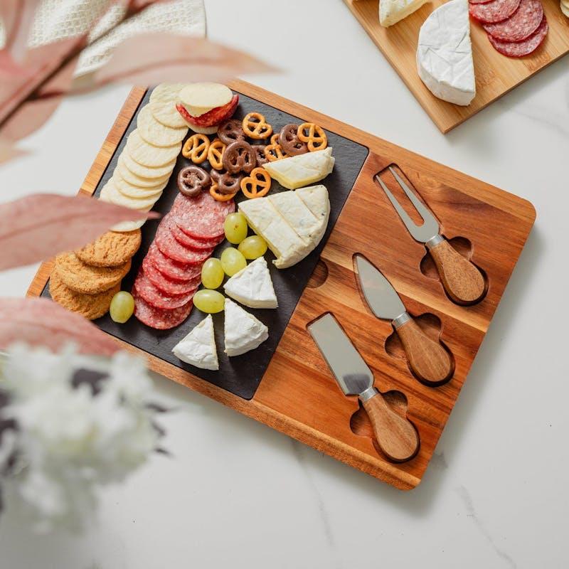 Load image into Gallery viewer, Clevinger 4 Piece Acacia Wood &amp; Slate Cheese Board With Knife Set
